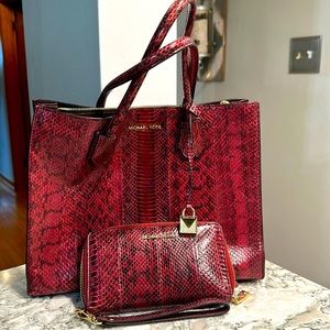 Michael Kors Genuine Snake skin deep red medium handbag with matching wallet.